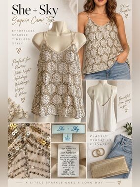 She + Sky Sequin Beaded Cami Top Size L Ivory Gold Silver Party Holiday